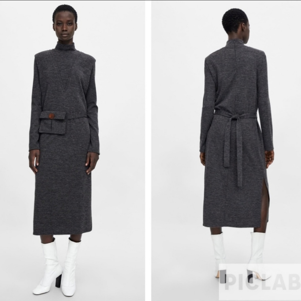 Zara grey belted dress with pocket